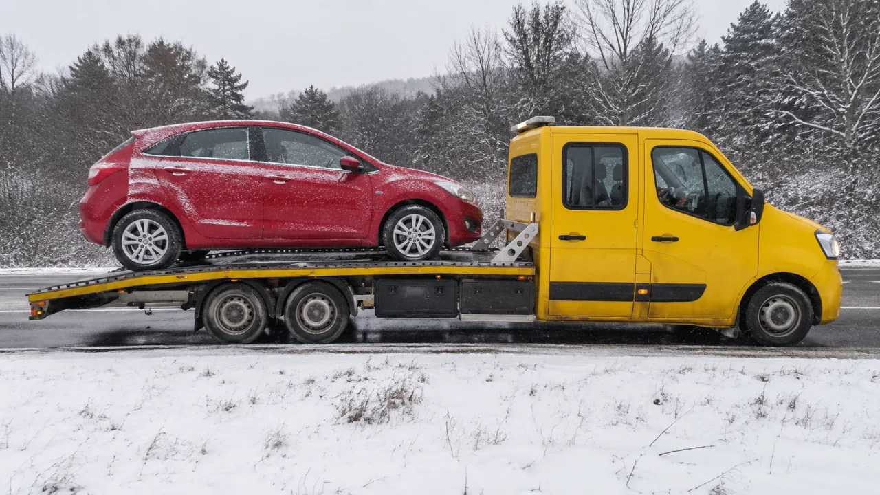 Holowanie czerwonego auta na lawecie zimą – Krosno