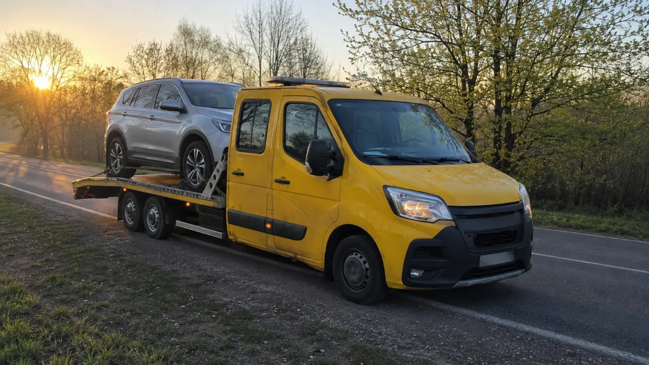 Laweta KRIS-HOL z SUV-em na platformie o wschodzie słońca – Krosno